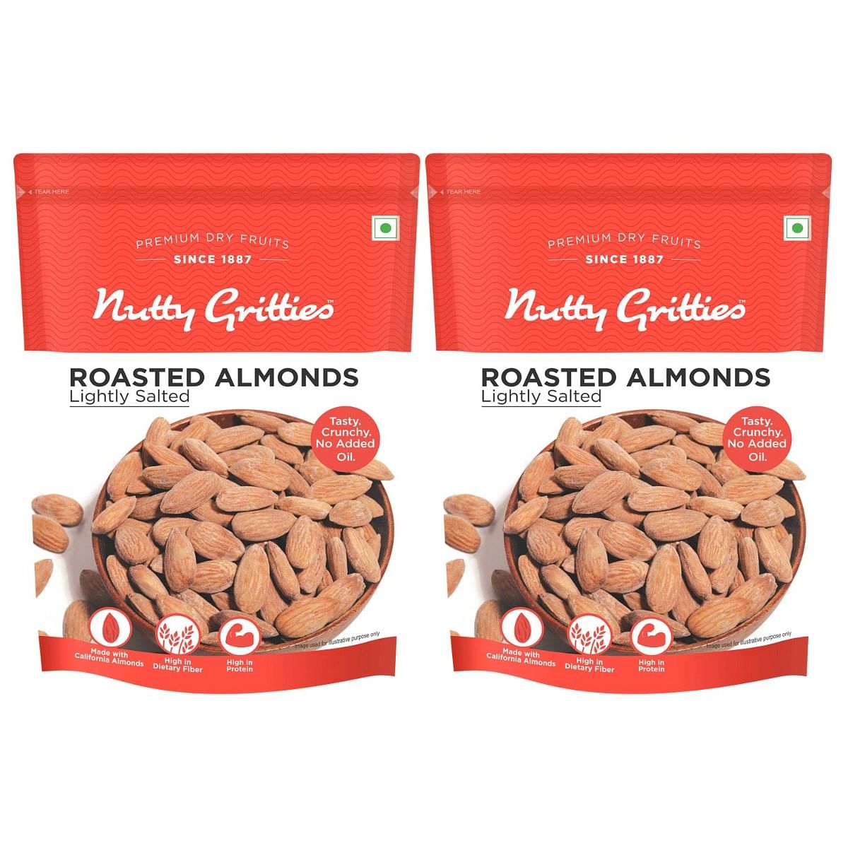 

Nutty Gritties California Roasted Almonds 200g ( Pack of 2 ), Lightly Salted, Dry Roasted, Non Fried, Zero Oil, Crunchy Healthy Snack