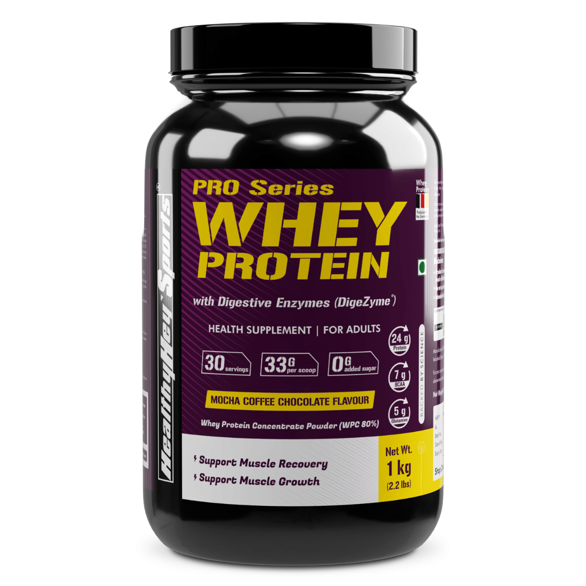 

HealthyHey Sports Whey Protein Concentrate (Sourced from Europe) - 80% Protein with Digestive Enzymes - 1 kg) (Mocha Coffee Chocolate, 1kg)