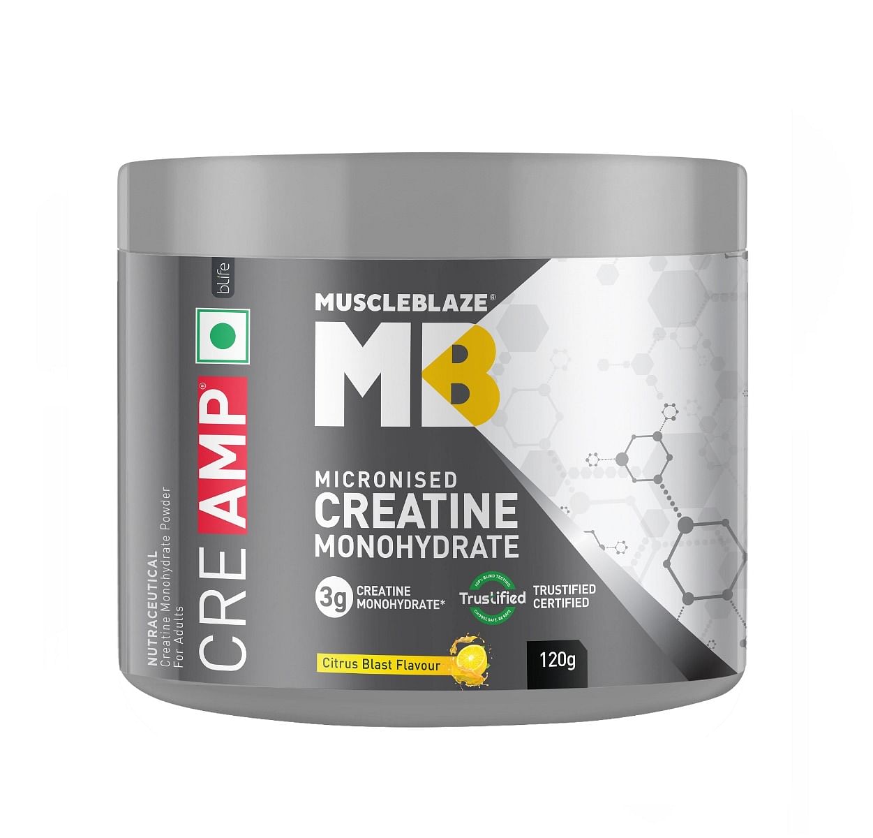 

MuscleBlaze Creatine Monohydrate CreAMP™ with CreAbsorb™ (Citrus Blast, 120g, 30 Servings)