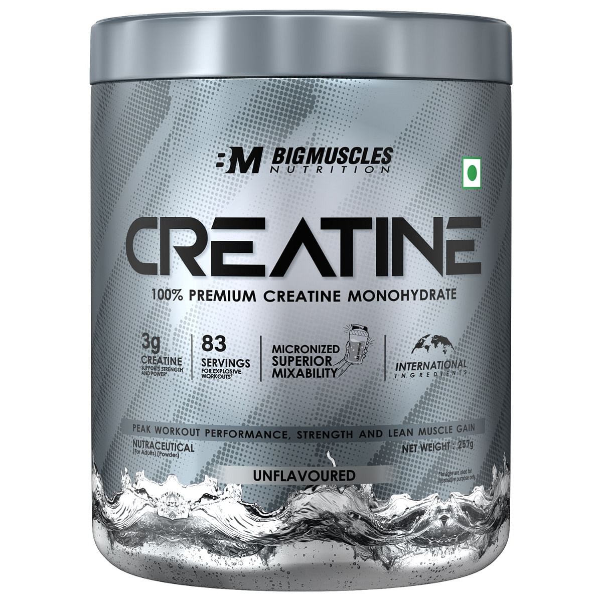 

Bigmuscles Nutrition Creatine Monohydrate (83 Servings, Unflavoured) | ProHydrolase Enzyme Tech. for better absorption | 257g