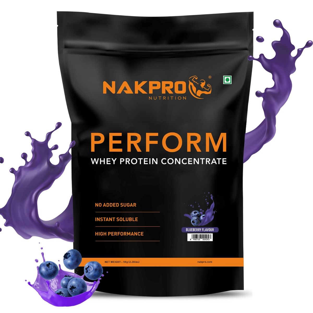 

NAKPRO Perform Whey Protein Concentrate 1kg Blueberry | 24g Protein, 5.3g BCAA | Trustified Certified 100% Authentic Supplement Powder & No Adulter...