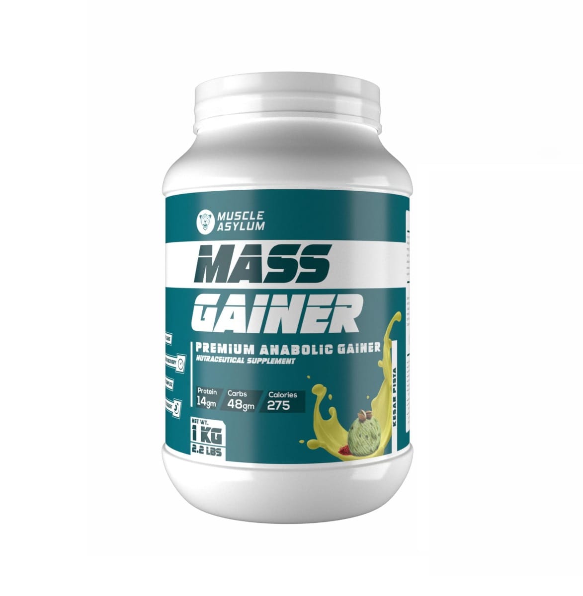 

Muscle Asylum- Muscle Mass Anabolic Gainer- 14g Protein, 48g carbs, 275g Calories High Calorie Mass Gainer Weight Gainer Powder Kesar Pista (1kg/2....