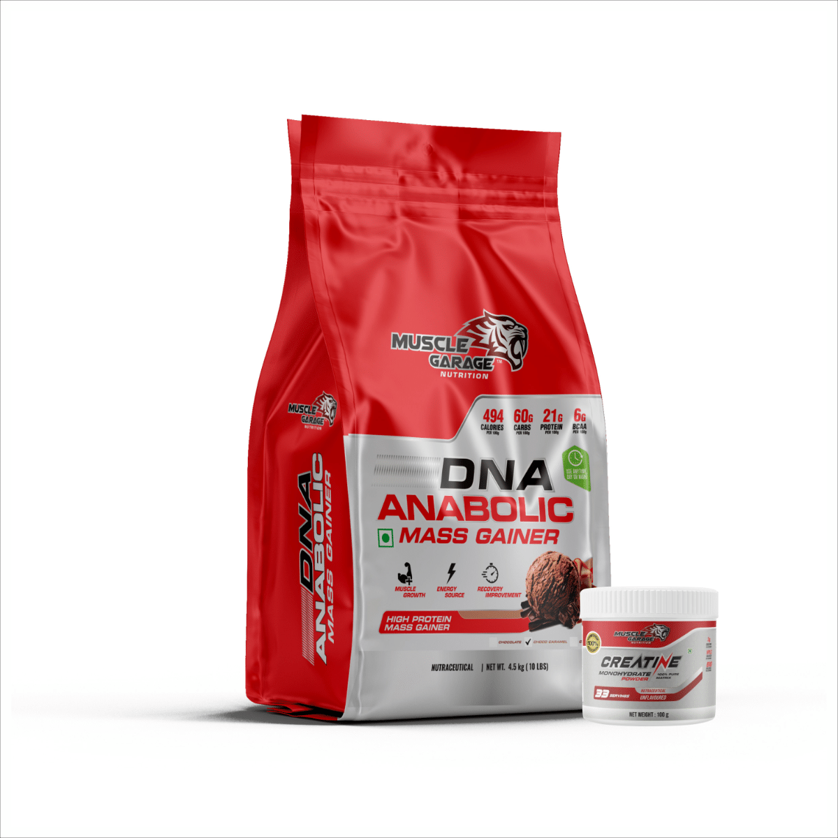 

Muscle Garage DNA Anabolic Mass Gainer Muscle Growth & Recovery| 4.5 Kg| Choco Caramel With Creatine 100gm unflavoured