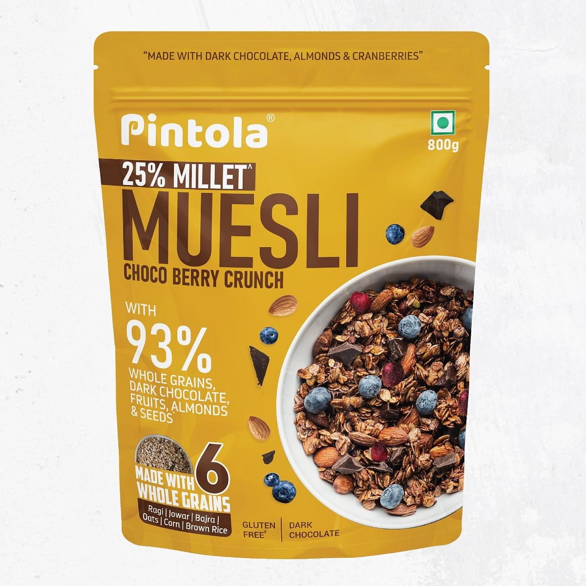 

Pintola Dark Chocolate & Cranberry Muesli with 25% Millet & 60% Wholegrains 800g, Cereals for Breakfast with 6 Varied Nuts & Seeds, No Preservative...