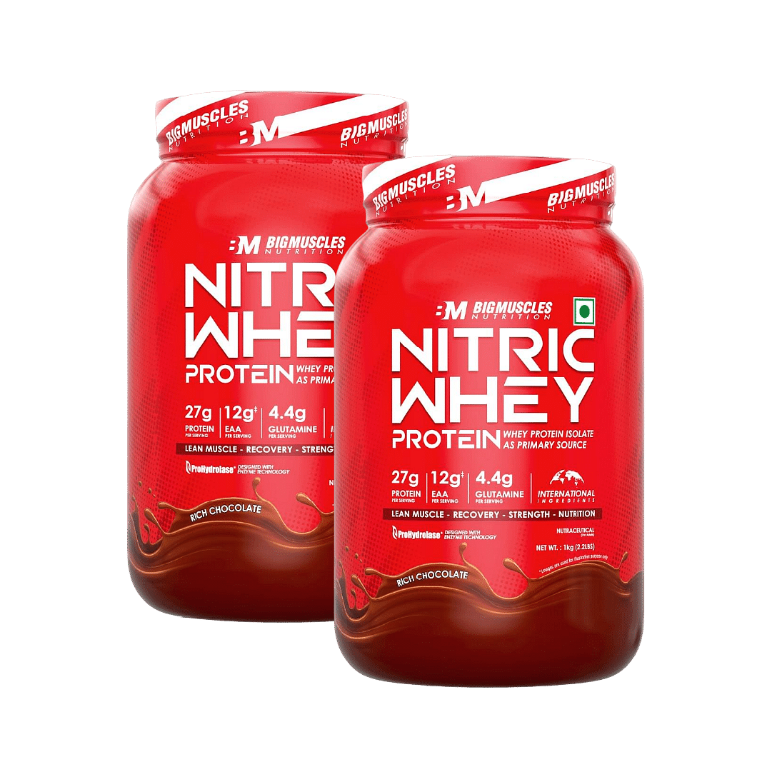 

Bigmuscles Nutrition Nitric Whey Protein Isolate | 27G Whey Protein | Prohydrolase Enzyme Tech - (1Kg, Rich Chocolate) Pack Of 2