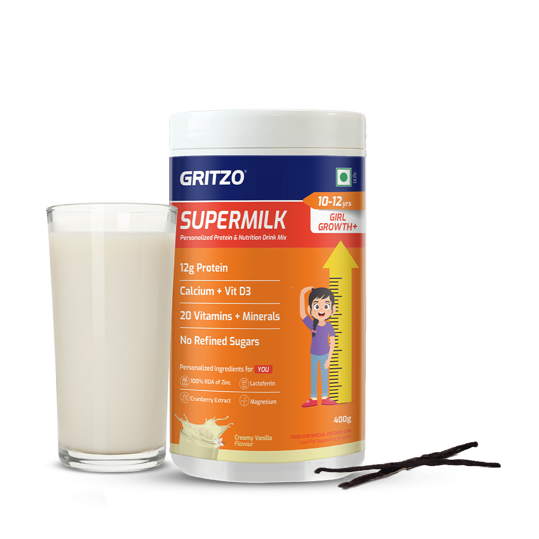

Gritzo SuperMilk Growth+ (10-12y Girls), 12g Protein Powder (Creamy Vanilla, 400g) | Zero Refined Sugar, 20 Vitamins & Minerals