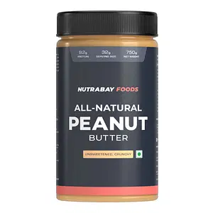 Nutrabay Foods All-Natural Peanut Butter (Crunchy) - Unsweetened | 100% Roasted Peanuts, 28g Protein, Zero Cholesterol, Vegan, Gluten Free, Non GMO 
