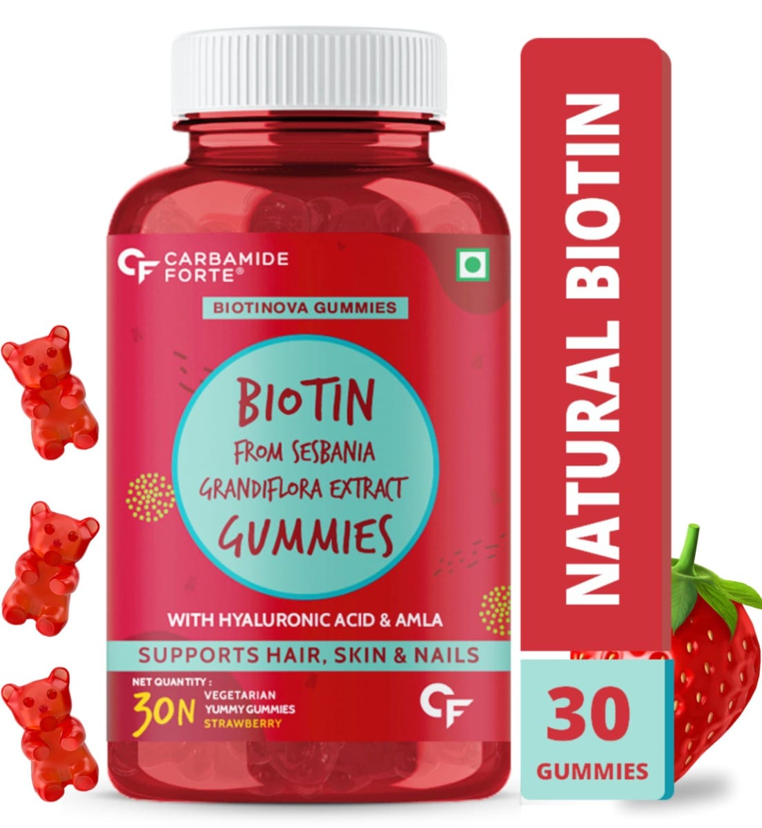 Carbamide Forte Biotin Skin and Hair Vitamin Gummies |Strawberry Flavour - Support Hair, Skin & nails - vegitarian-picture-22