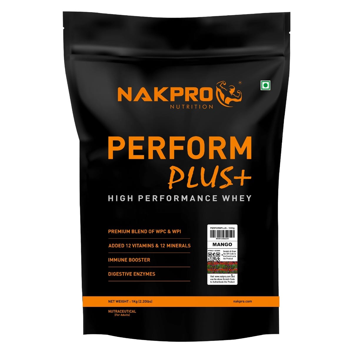 

NAKPRO Perform Plus+ Whey Protein Concentrate with Digestive Enzymes | 24g Protein, 5.7g BCAA | Easy Mixing, Easy Digesting (1 Kg, Mango)
