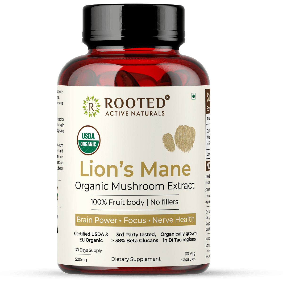 

Rooted Actives Lions Mane mushroom Extract ( 60 Veg Caps, 500 mg) | Memory, Focus, Brain Powder & Nerve Health. USDA Organic, 38% Beta Glucans