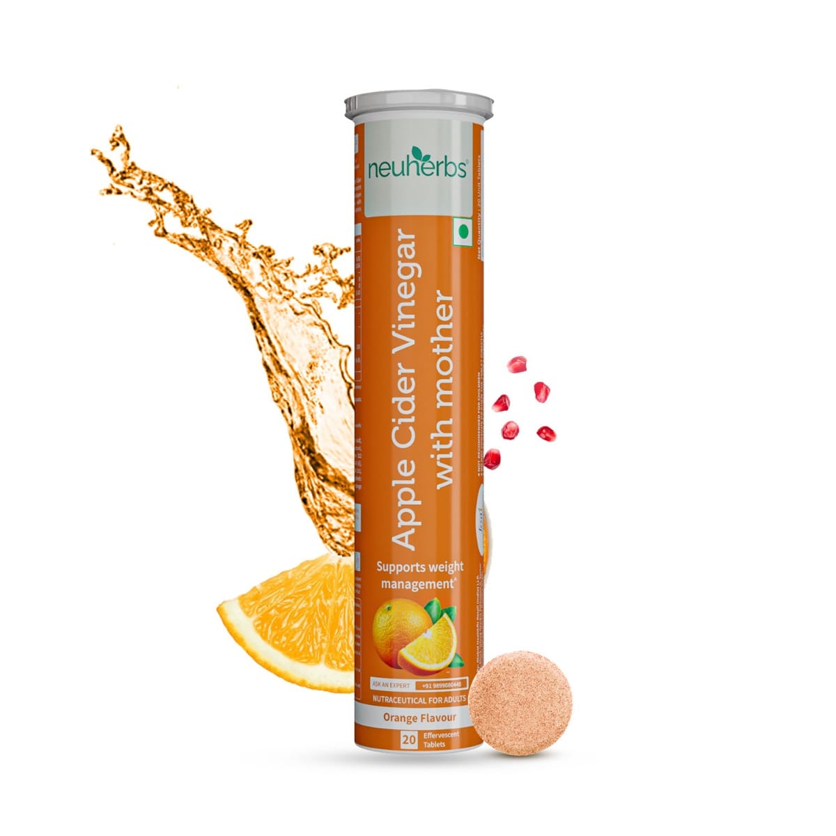 Neuherbs Plant Based Apple Cider Vinegar With Mother - 20 Effervescent Tablets| Vegetarian Formula| No Added Sugar | Easy To Carry & Consume | 100% Vegan | Gluten Free | Supports Weight Management & Digestion.