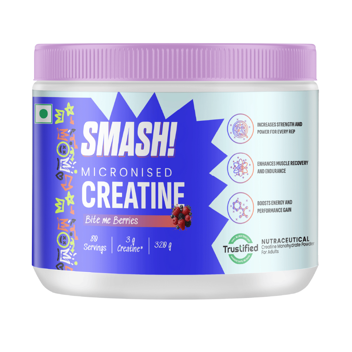 

SMASH Micronised Creatine Monohydrate Powder, Bite me Berries (80 Servings, 320g)