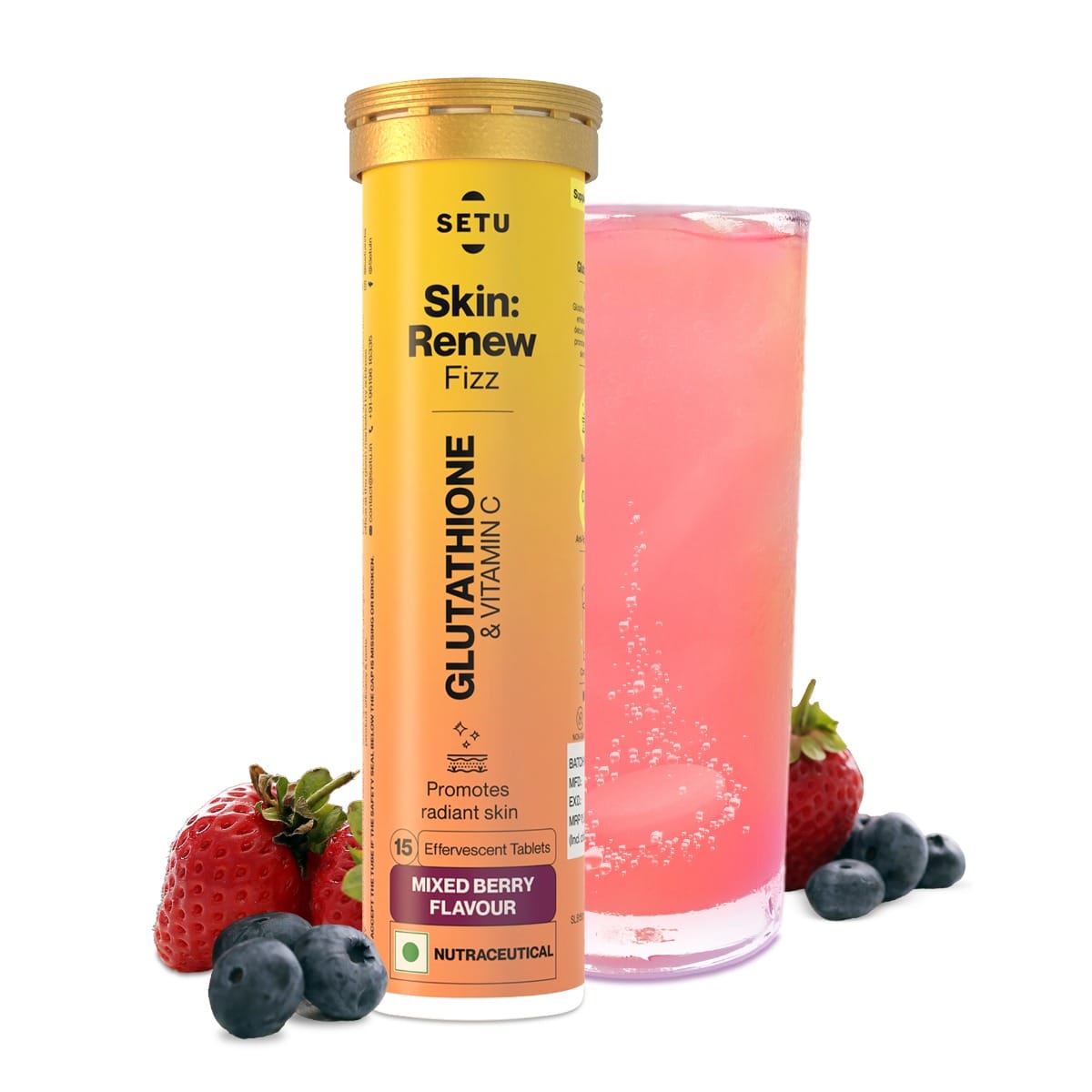 Setu Skin Renew - Glutathione With Vitamin C, Gluta Fizz, Supports Detoxification, Sugar-Free | Mixed Berry Flavour