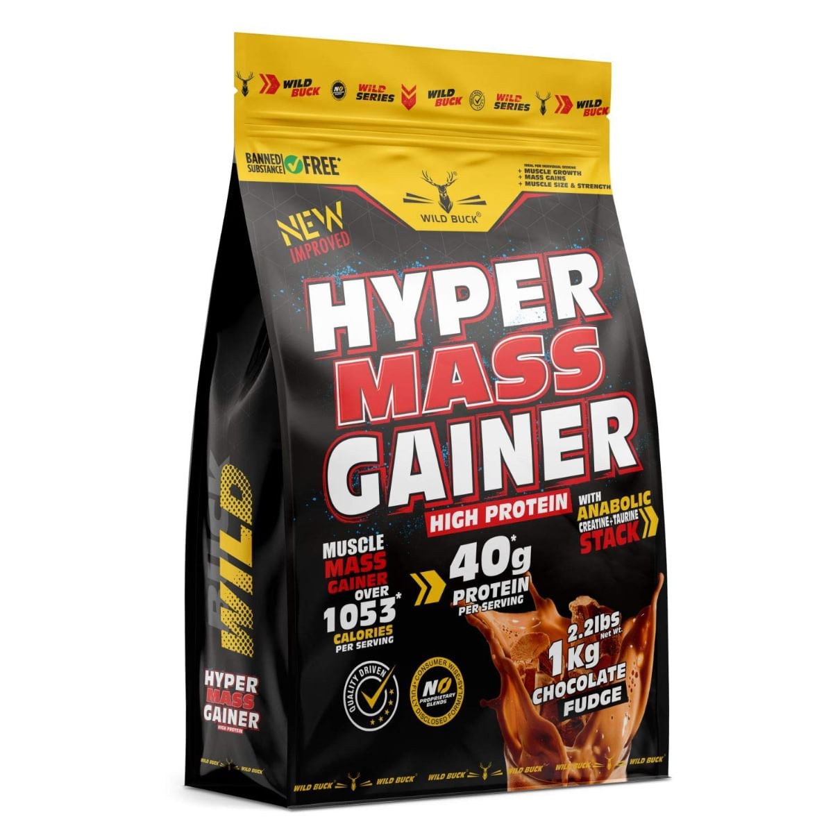 

WILD BUCK Hyper Mass Gainer with Creatine + Taurine ,1053 Calories & 40g Protein( Chocolate Fudge, 1Kg)