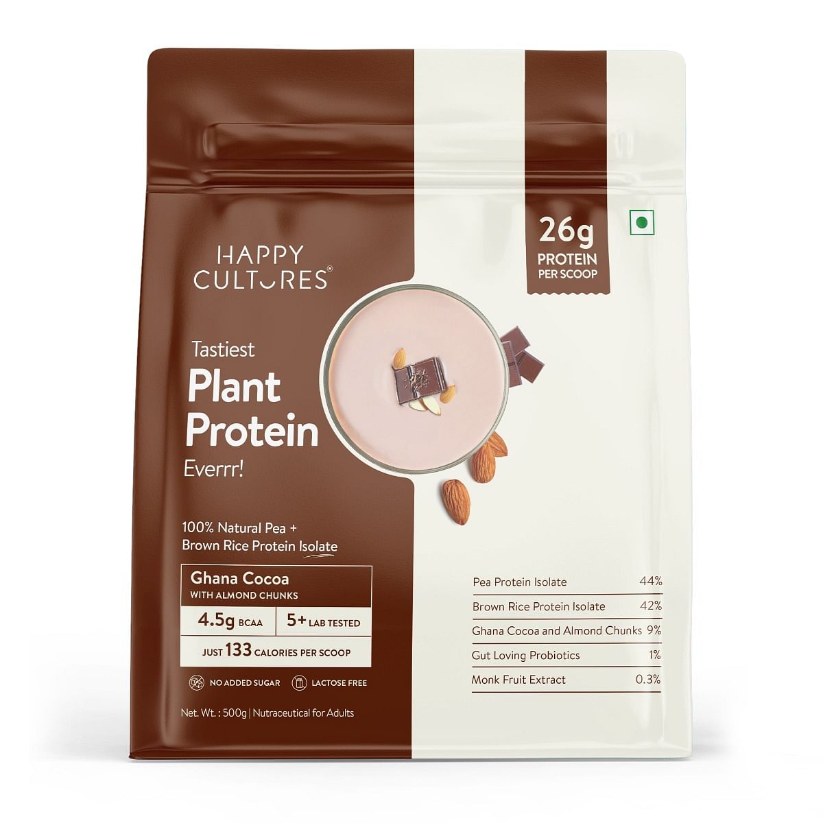

Happy Cultures 26g Tastiest Plant Protein| Chocolate (Ghana Cocoa) & Almond Chunks | Pea & Brown Rice Protein Isolate| Vegan| 20 Complete Amino Aci...
