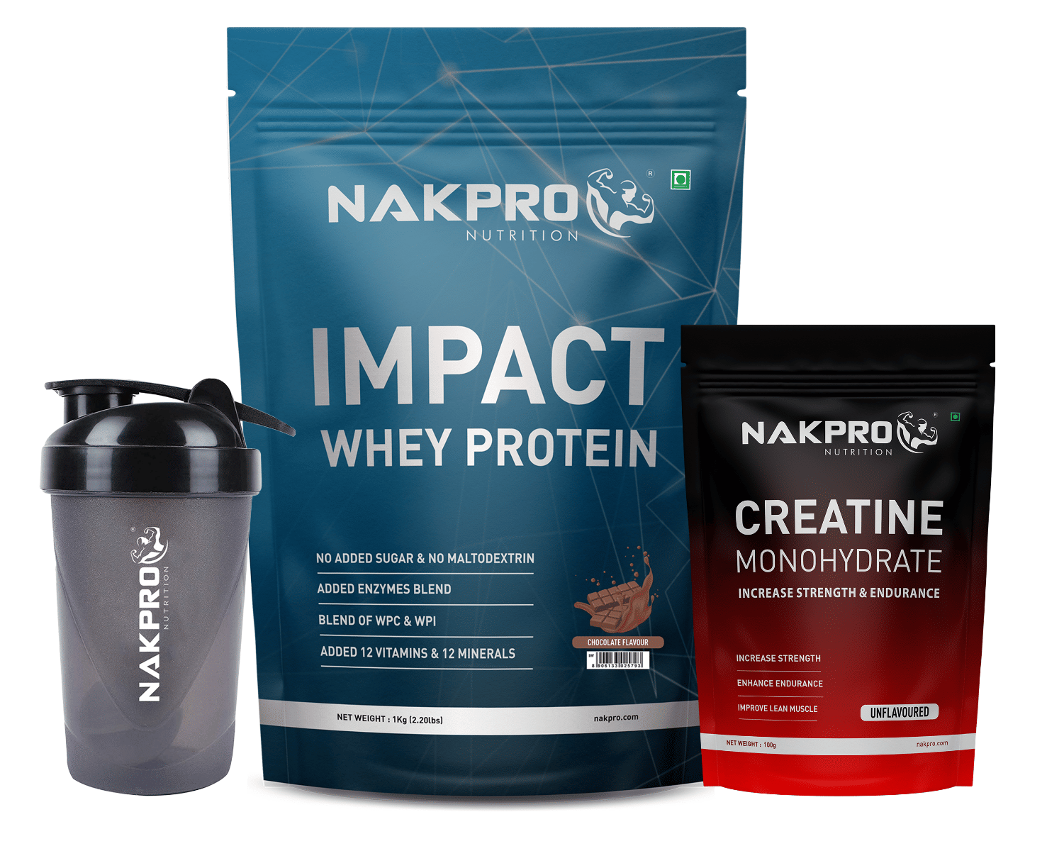 

NAKPRO Impact Whey Protein Supplement Powder Combo (1 kg Creatine & Shaker, Chocolate)
