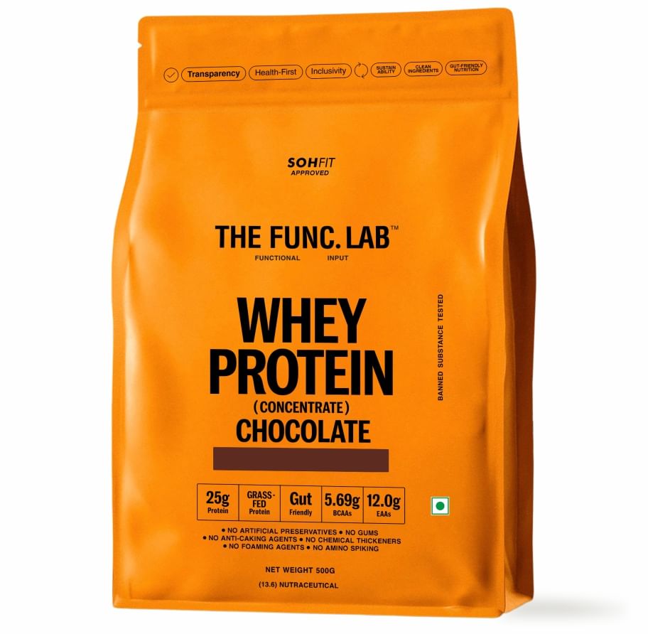 

The Func. Lab Whey Protein Concentrate - Chocolate Flavour | 500g | Grass‑Fed, 25g Protein, 5.69g BCAA per Scoop | High Protein Supplement for Musc...
