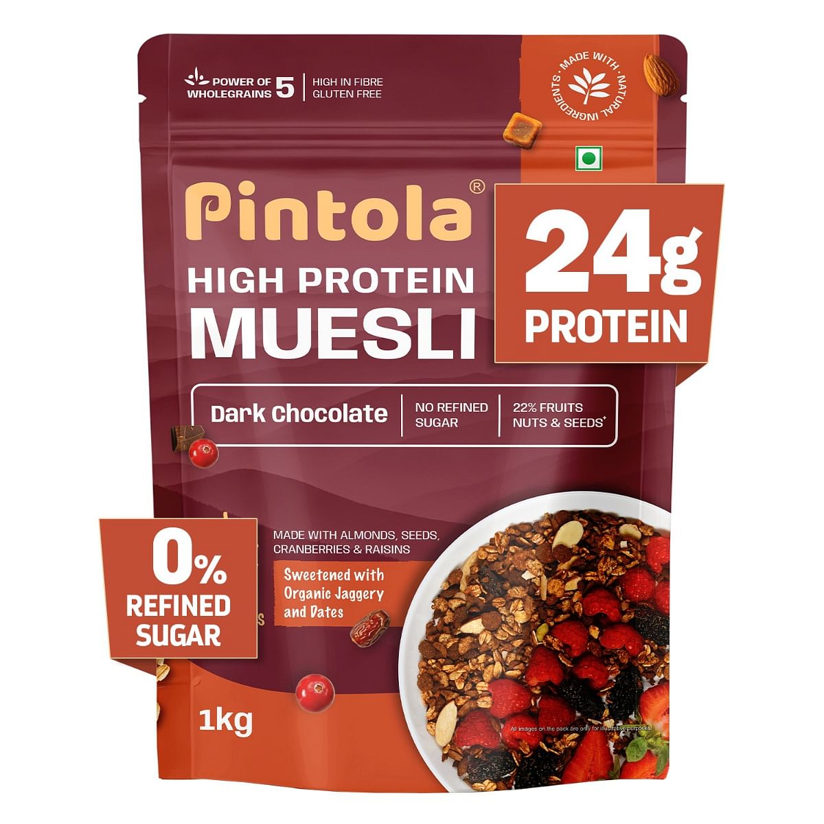 

Pintola High Protein Muesli Dark Chocolate & Cranberry 1kg, 24g Protein, High Fibre, Trans Fat Free with Brown Sugar, Real Fruits, Muesli for B...