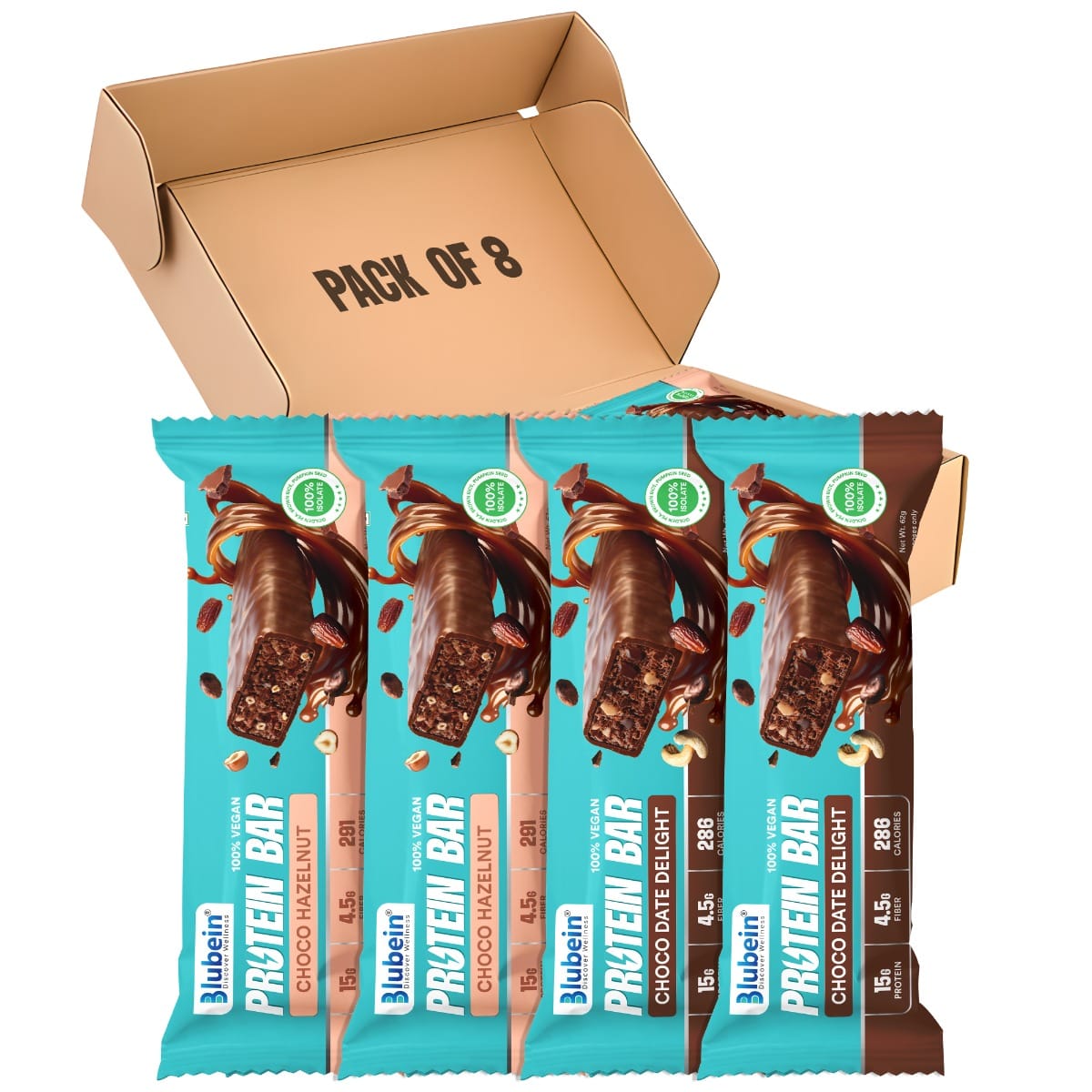 

Blubein 15g Plant Protein Bars | Choco Hazelnut | Choco Date Delight | Lactose-Free | 4.5g High Fibre | No Added Sugar (Pack of 8)