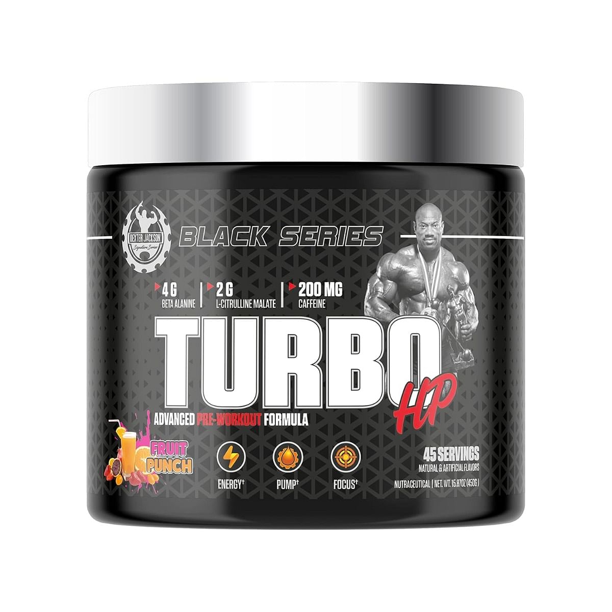 

Dexter Jackson Black Series Turbo HP Pre Workout | Advanced Formula | Fruit Punch Flavor | 45 Servings, 450g - Boost Energy and Performance