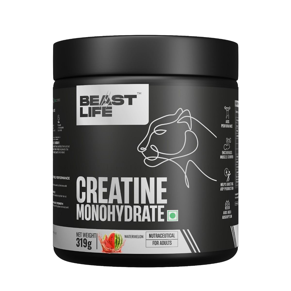 

BeastLife Super Micronized Creatine Monohydrate Watermelon flavor Powder 319g, 86 Servings, Premium Sports Nutrition | NABL Lab Tested | Rapid Abso...