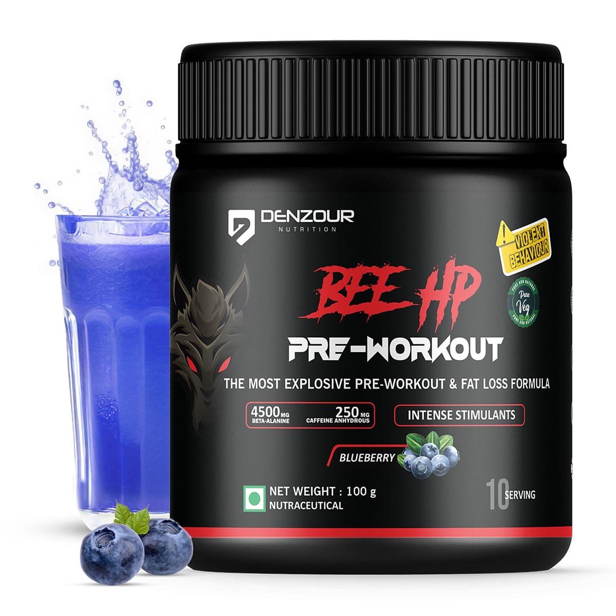 

Denzour Nutrition BEE-HP Pre-Workout with 750mg Creatine Monohydrate & 4500mg Beta-Alanine, Intense Energy with Fat Loss Formula, 100g - Blueberry