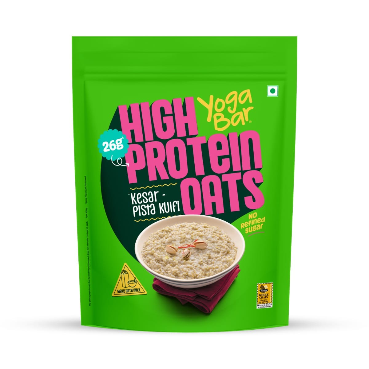 

Yogabar High Protein Oats Kesar Pista Kulfi | 26g Protein per 100g | No Refined Sugar | 1kg Resealable Pack (Pack of 1)