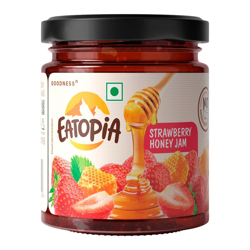 Eatopia Sugar Free Strawberry Honey Jam in Fresh with 70% Strawberry | Healthy Good for Gut Health | 100% Pure & Natural with No Artificial Colors/Chemicals/Preservatives