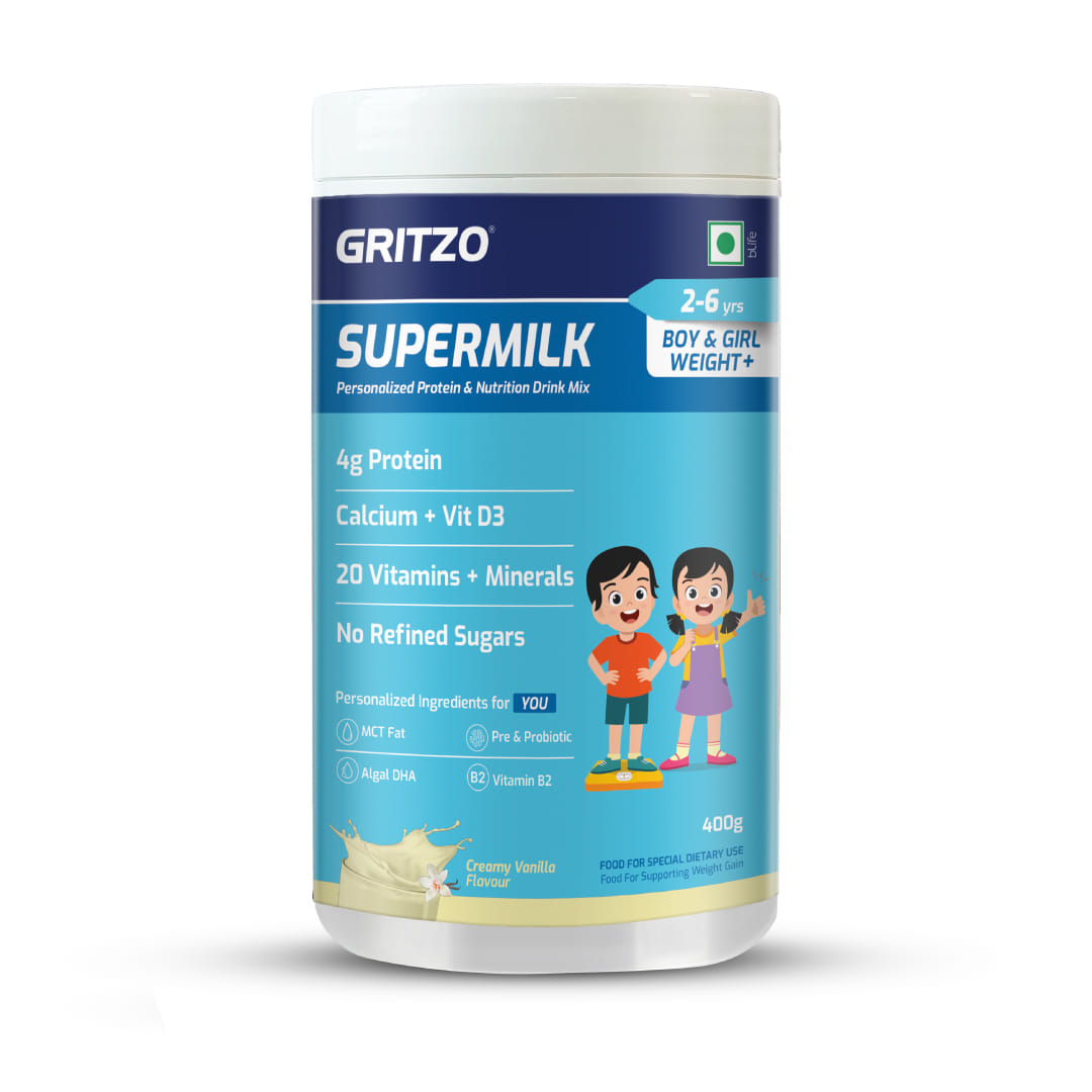 

Gritzo SuperMilk Weight+ (2-6y Boy & Girl), 4g Protein Powder | Zero Refined Sugar, 20 Vitamins & Minerals (Creamy Vanilla, 400g)