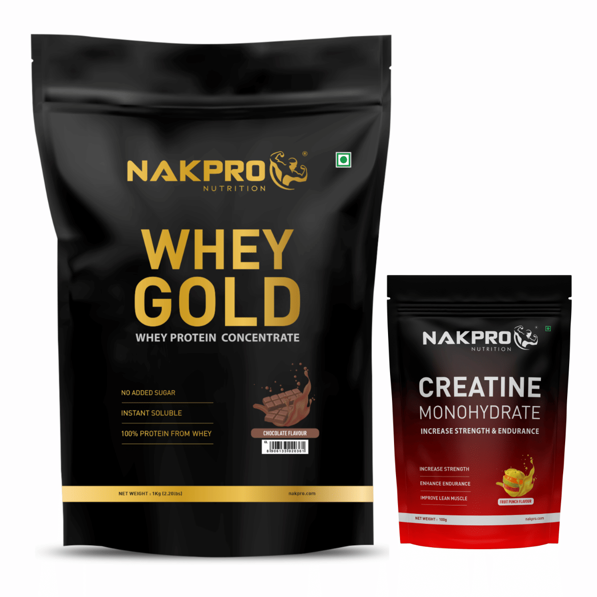 

Nakpro Gold 100% Whey Protein Concentrate, 1 Kg Chocolate with 100g Creatine - Fruit Punch | Easy Mixing, Low Carbs, Easy Digesting Whey Protein Su...