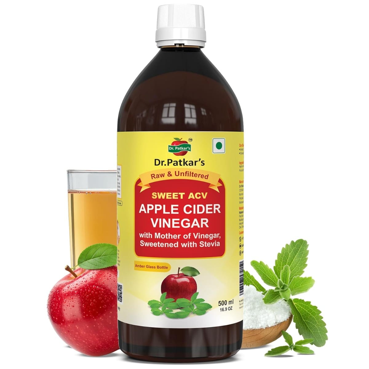 

Dr. Patkar's Apple Cider Vinegar with Stevia 500ml | Raw, Unfiltered & Undiluted | With Mother | Naturally Sweetened & Sugar-Free | Supports Weight...
