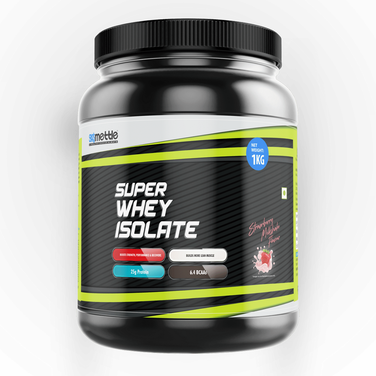 

Getmymettle Super Whey Isolate with Whey Peptides, 25g Protein, 0g Sugar, 6.4g BCAA, 4g Glutamine, No Preservatives Strawberry 1kg