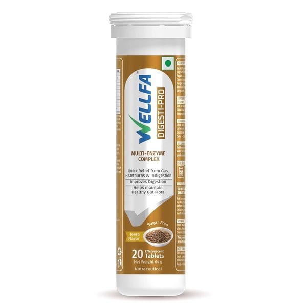 Wellfa Digesti-Pro Multi Enzyme 20 Effervescent Tablets for Gas Reflief, Heartburn, Indigestion & Healthy Gut, Digestive Enzyme Supplements, Jeera Flavor