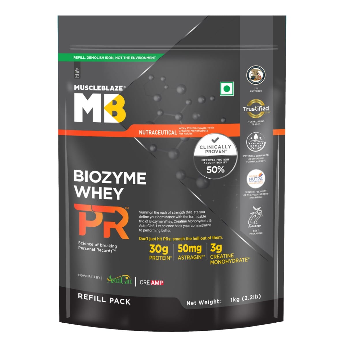 

MuscleBlaze Biozyme Whey Protein PR with 30g Protein, 3g Creatine Monohydrate & 50mg AstraGin | Trustified Gold Certified (1kg Refill Pack) | Choco...