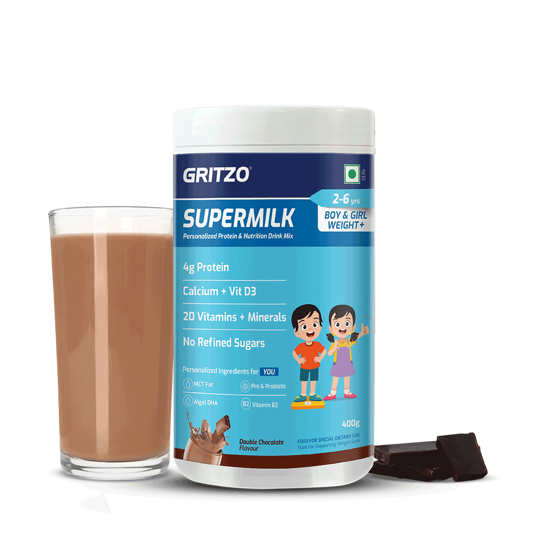 

Gritzo SuperMilk Weight+ (2-6y Boy & Girl), 4g Protein Powder | Zero Refined Sugar, 20 Vitamins & Minerals (Double Chocolate, 400g)
