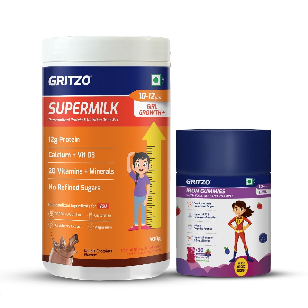 

Gritzo SuperMilk Growth+ (Formerly Height+) (10-12y Girl) with Iron Gummies (Mixed Berry Flavour, 30 Gummies) | Pack of 2 (Double Chocolate, 400g)