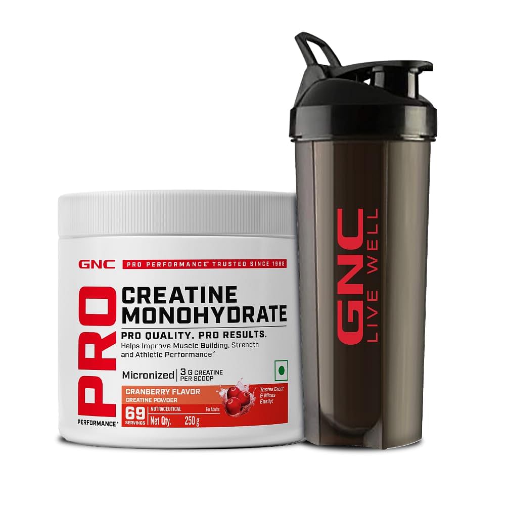 

GNC Creatine Monohydrate With Black Shaker (750ml)| 250gm | Cranberry | Boosts Athletic Performance | Fuels Skeletal Muscles | Supports Intense Wor...