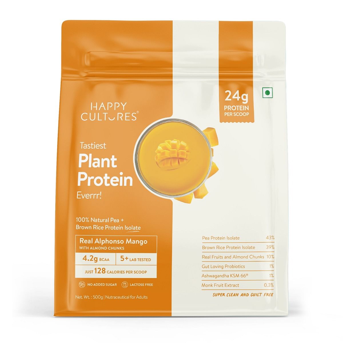 

Happy Cultures 24g Tastiest Plant Protein| Real Alphonso Mango, Almond Chunks & Ashwagandha (KSM 66) | Pea & Brown Rice Protein Isolate| Vegan| 20 ...