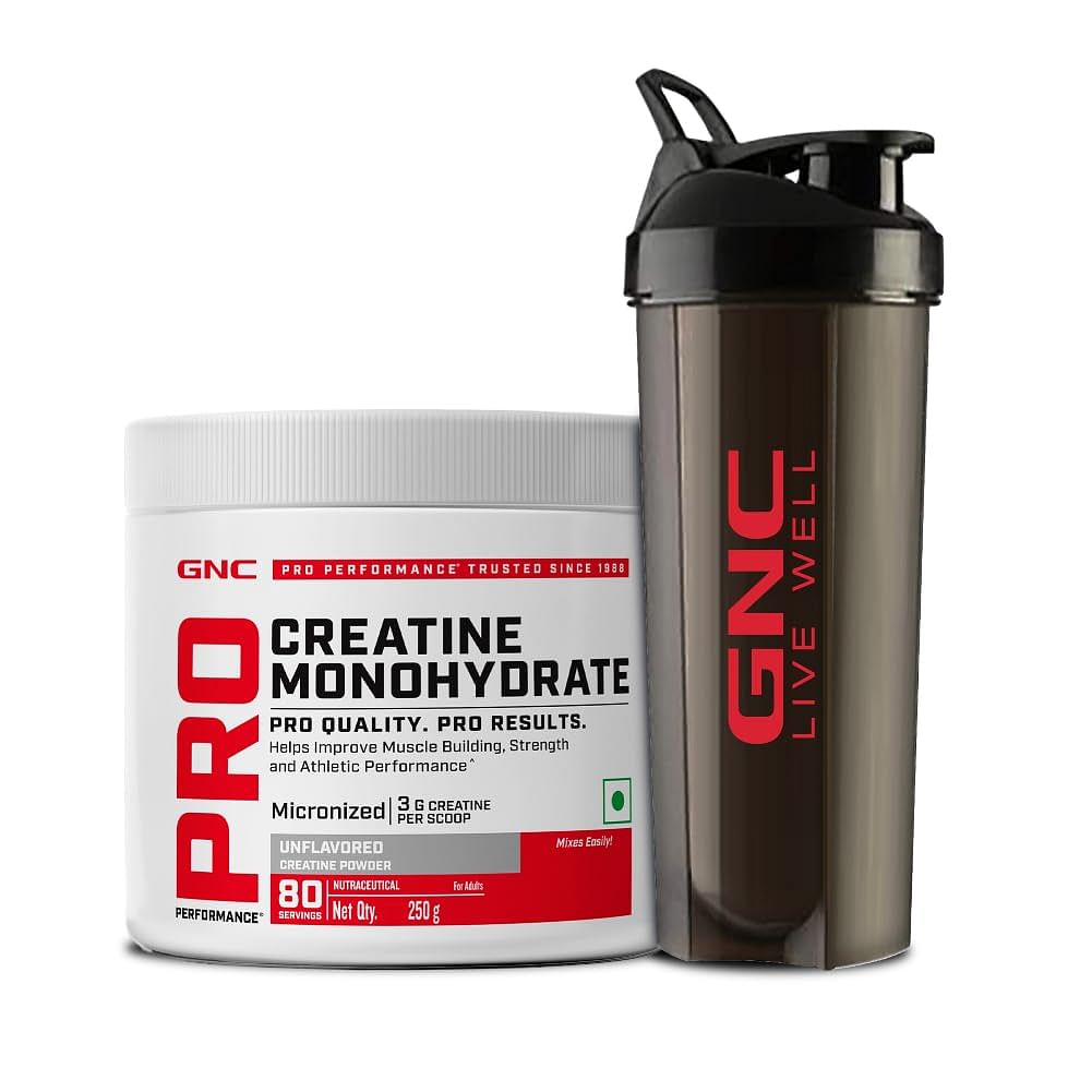 

GNC Creatine Monohydrate With Black Shaker (750ml)| 250gm | Unflavoured | Boosts Athletic Performance | Fuels Skeletal Muscles | Supports Intense W...