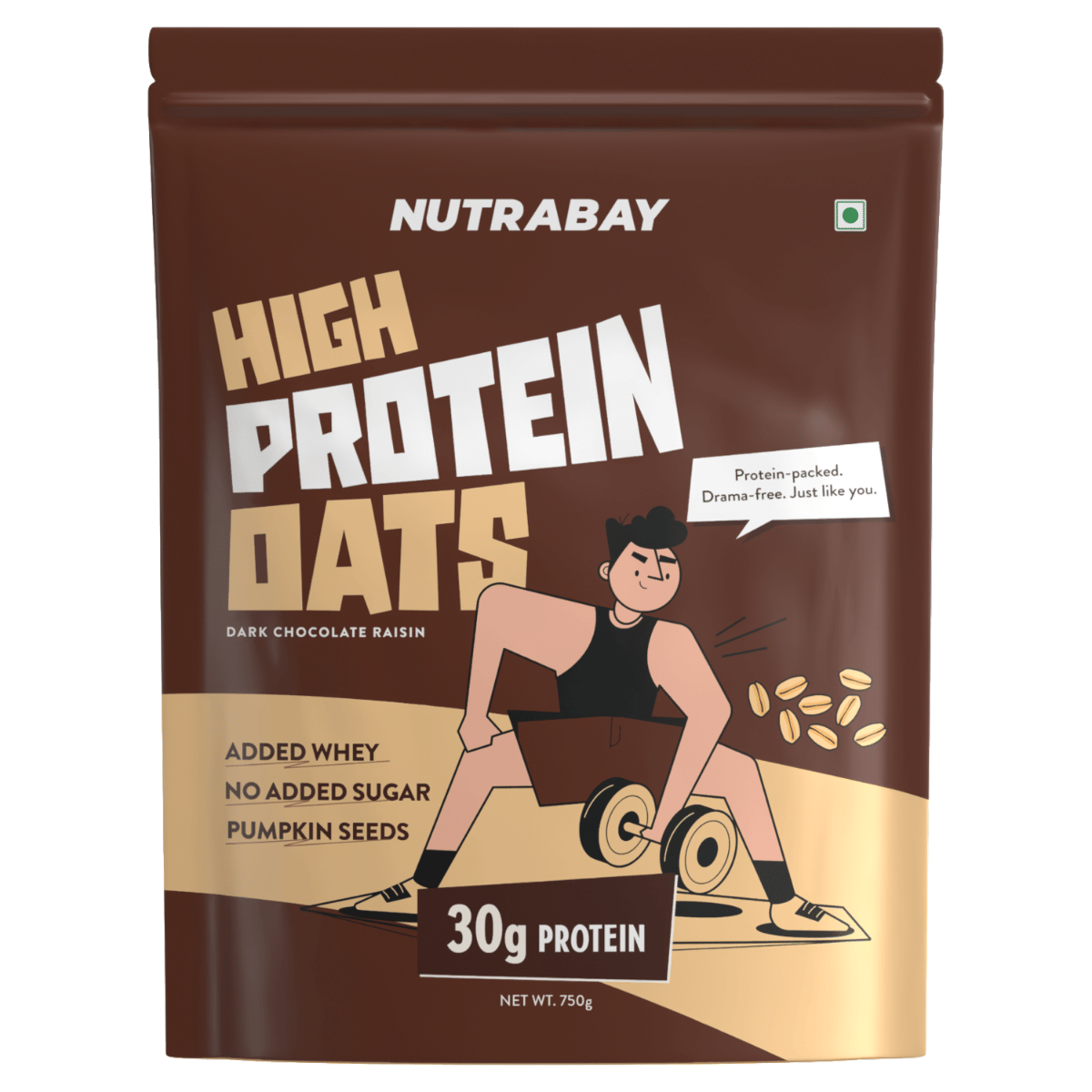 NUTRABAY High Protein Oats | Dark Chocolate Flavour | 30g Protein | Added Whey Protein | Black Raisins & Pumpkin Seeds | Protein Rich Breakfast Cereal | No Added Sugar