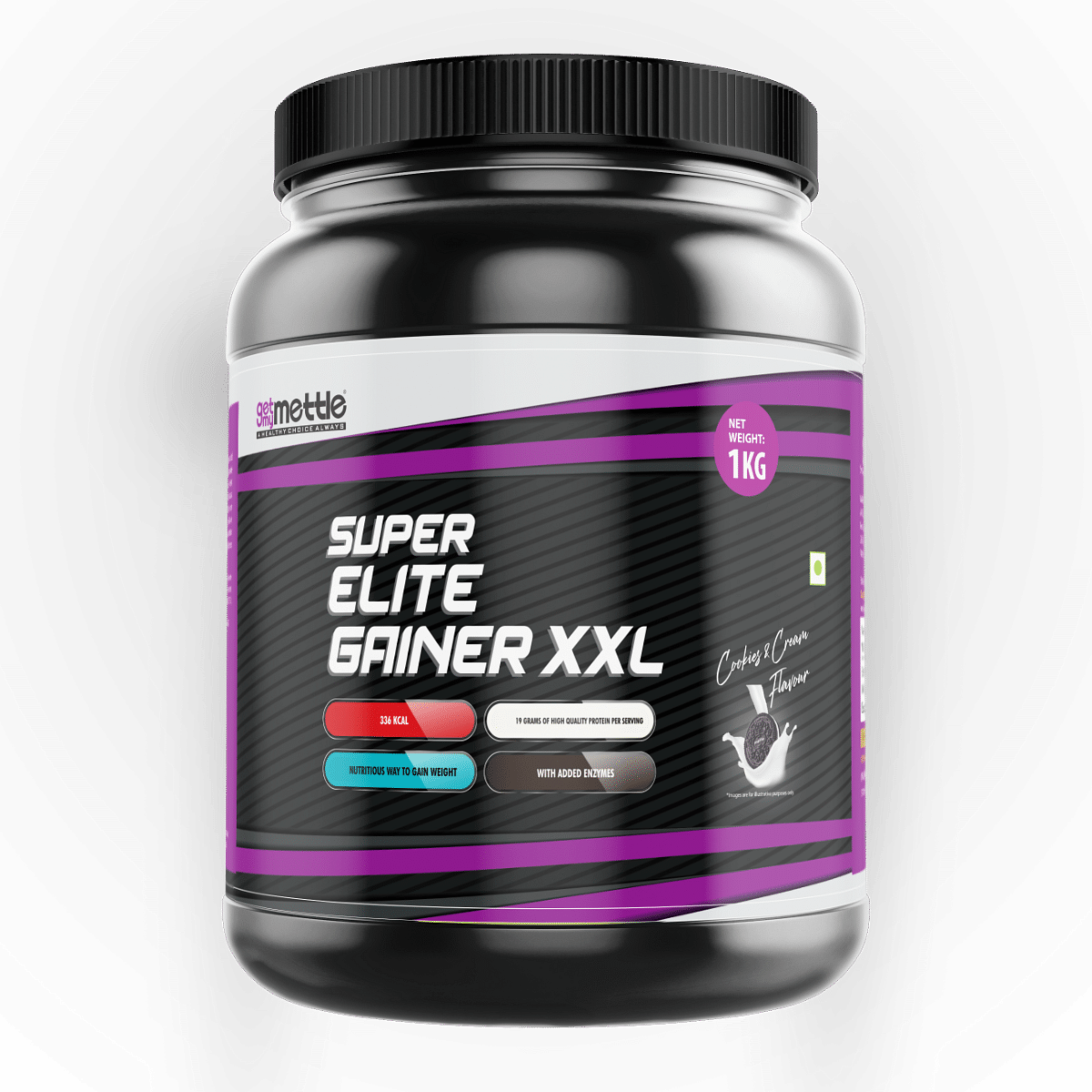 

Getmymettle Super Elite Gainer XXL (per 100g <energy 378kcal,protein 21g,carbohydrate 69g) Cookies&Cream 1kg