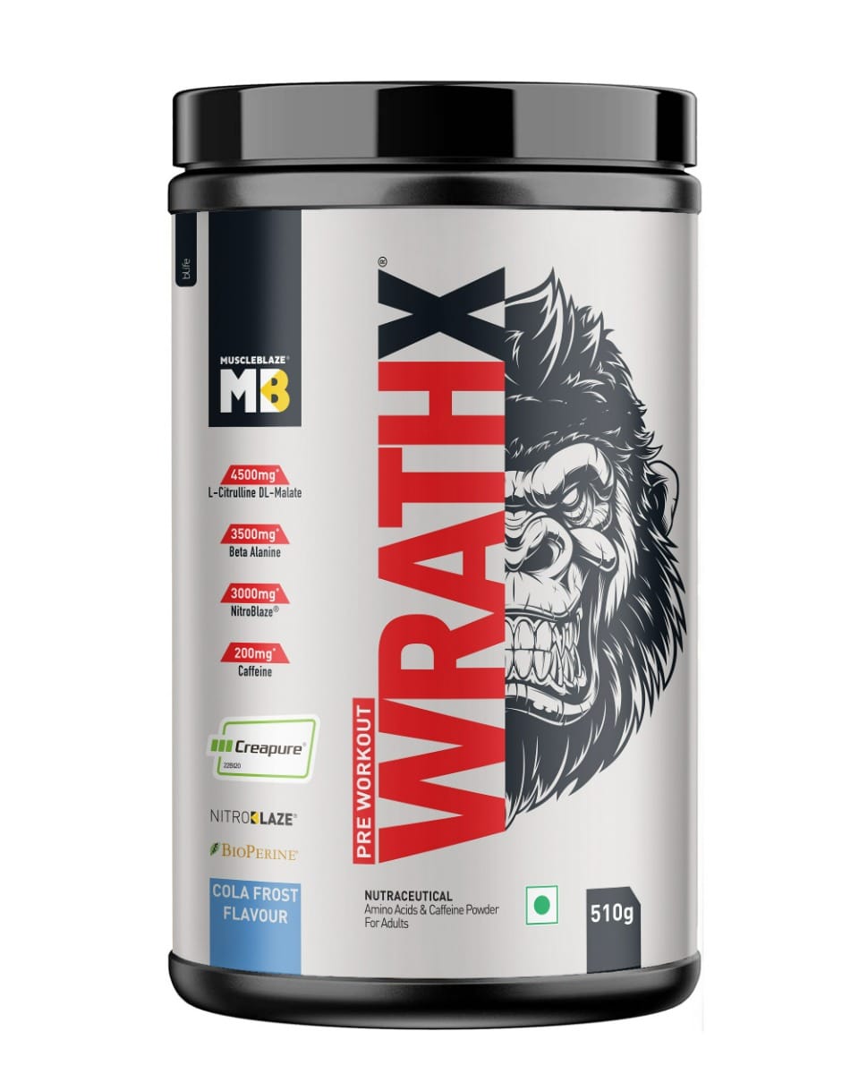 

MuscleBlaze Pre Workout WrathX with Creapure®️, Nitroblaze & BioPerine (Cola Frost, 510 g, 30 Servings)