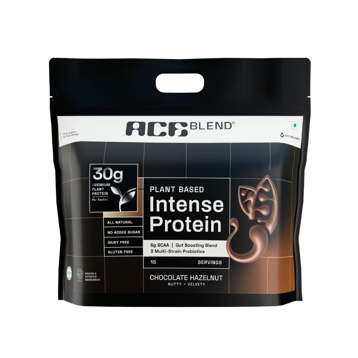 

Ace Blend INTENSE 30G A-Grade Plant Protein |Chocolate Hazelnut Flavour |Complete Amino Acid Profile |Probiotics + Fibre | 6g BCAA | 95%+ Bio Avail...