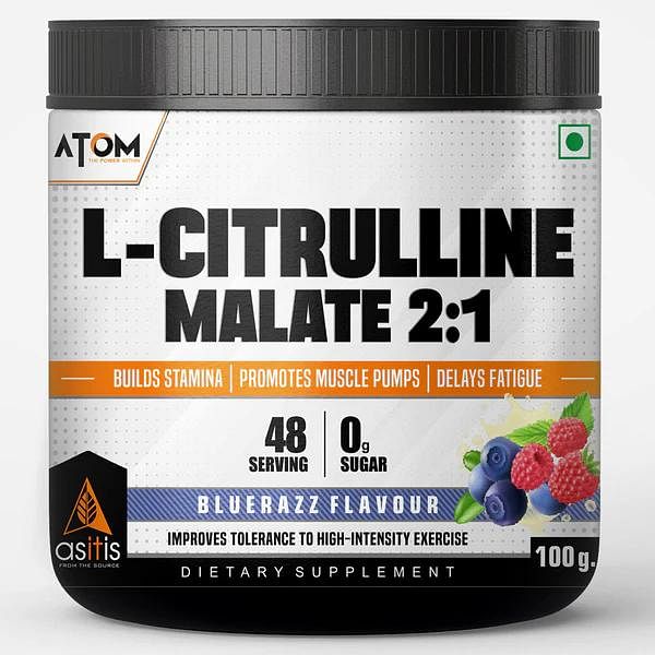 

AS-IT-IS ATOM L Citrulline Malate 2:1-100gms | 48 servings | 0 Sugar | Improves Tolerance to High-Intensity Exercise | Builds Stamina | Bluerazz Fl...