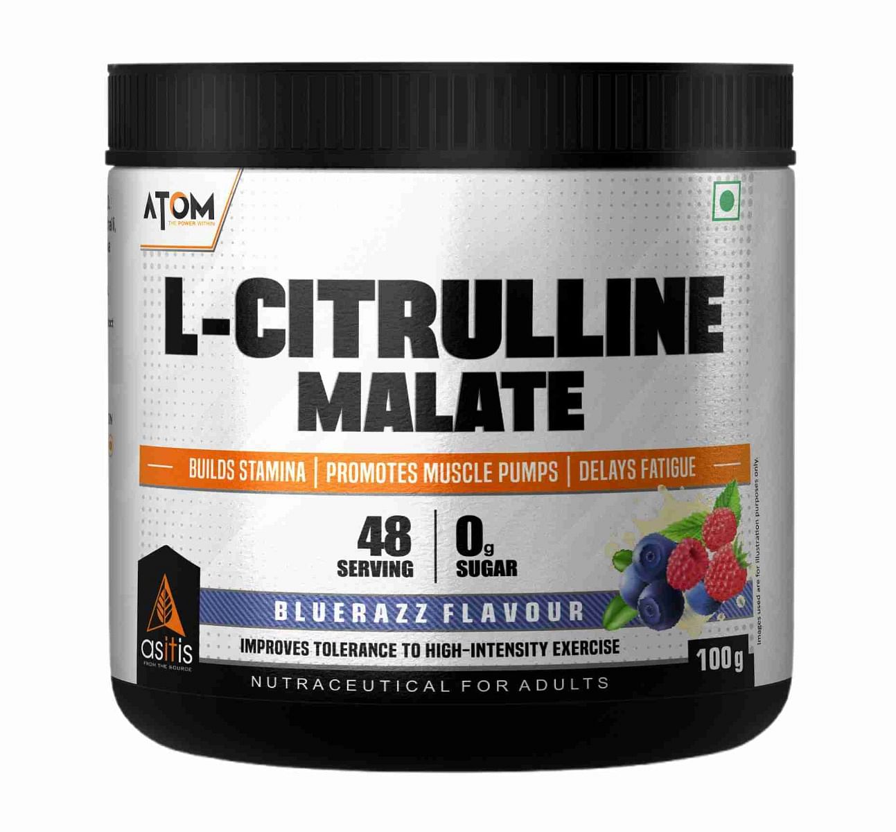 

AS-IT-IS ATOM L Citrulline Malate 2:1-100gms | 48 servings | 0 Sugar | Improves Tolerance to High-Intensity Exercise | Builds Stamina | Bluerazz Fl...