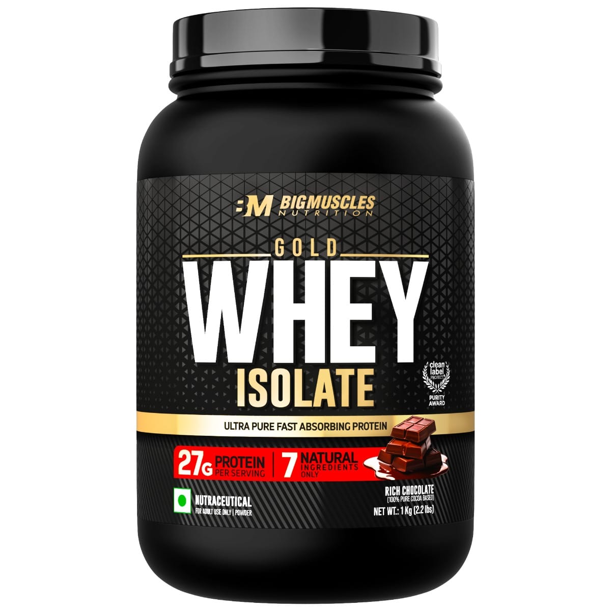 

Bigmuscles Nutrition Gold Whey Isolate | 27g Whey Protein Isolate 90% | 7 Natural Ingredients Only | 0 Added Sugar | Clean Label Project Purity Awa...