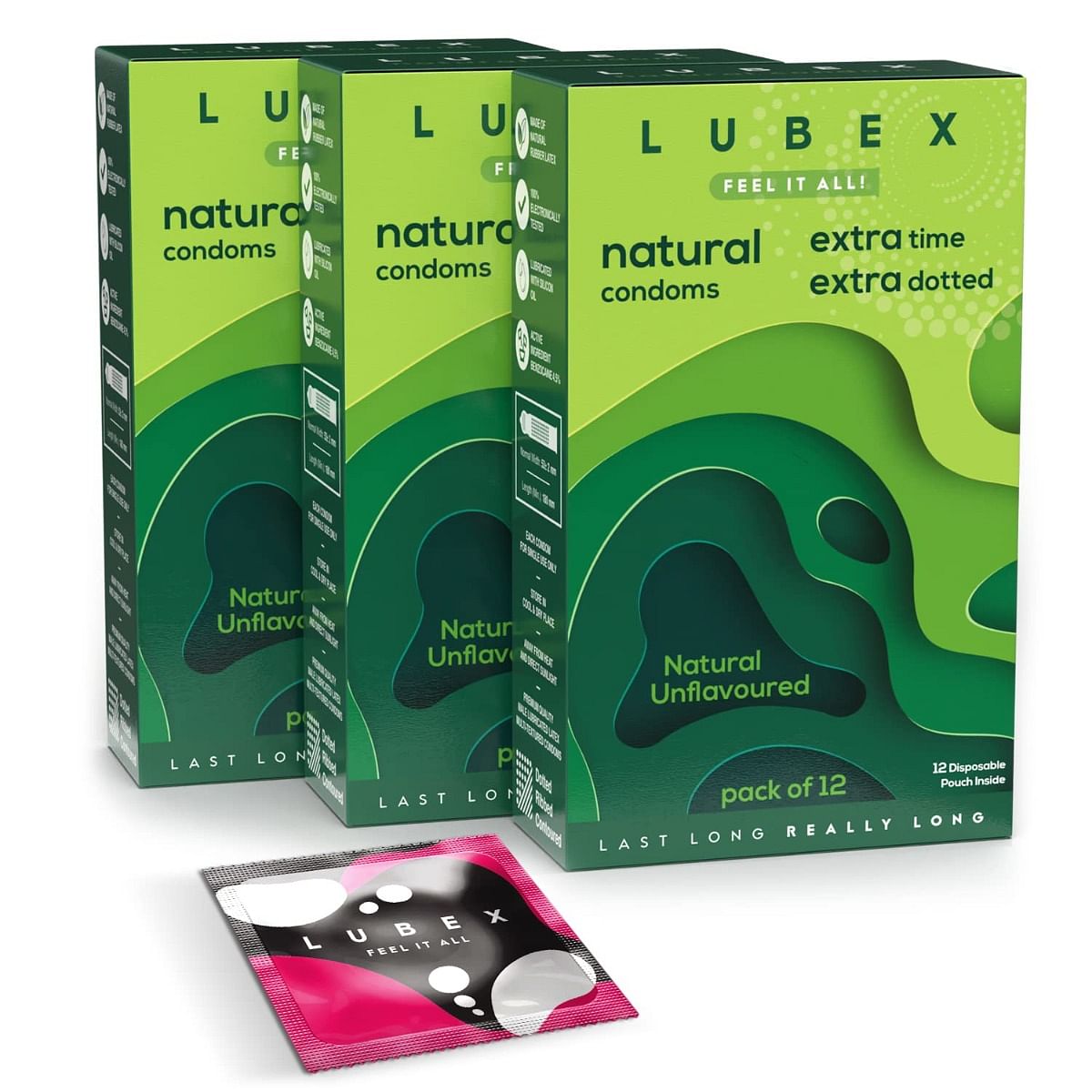 

Lubex 6 in 1 Extra Time Condoms - Long Lasting with Disposable Bags - Ultra Thin & Extra Dotted - Natural Unflavoured - 36 Condom (Pack of 3)