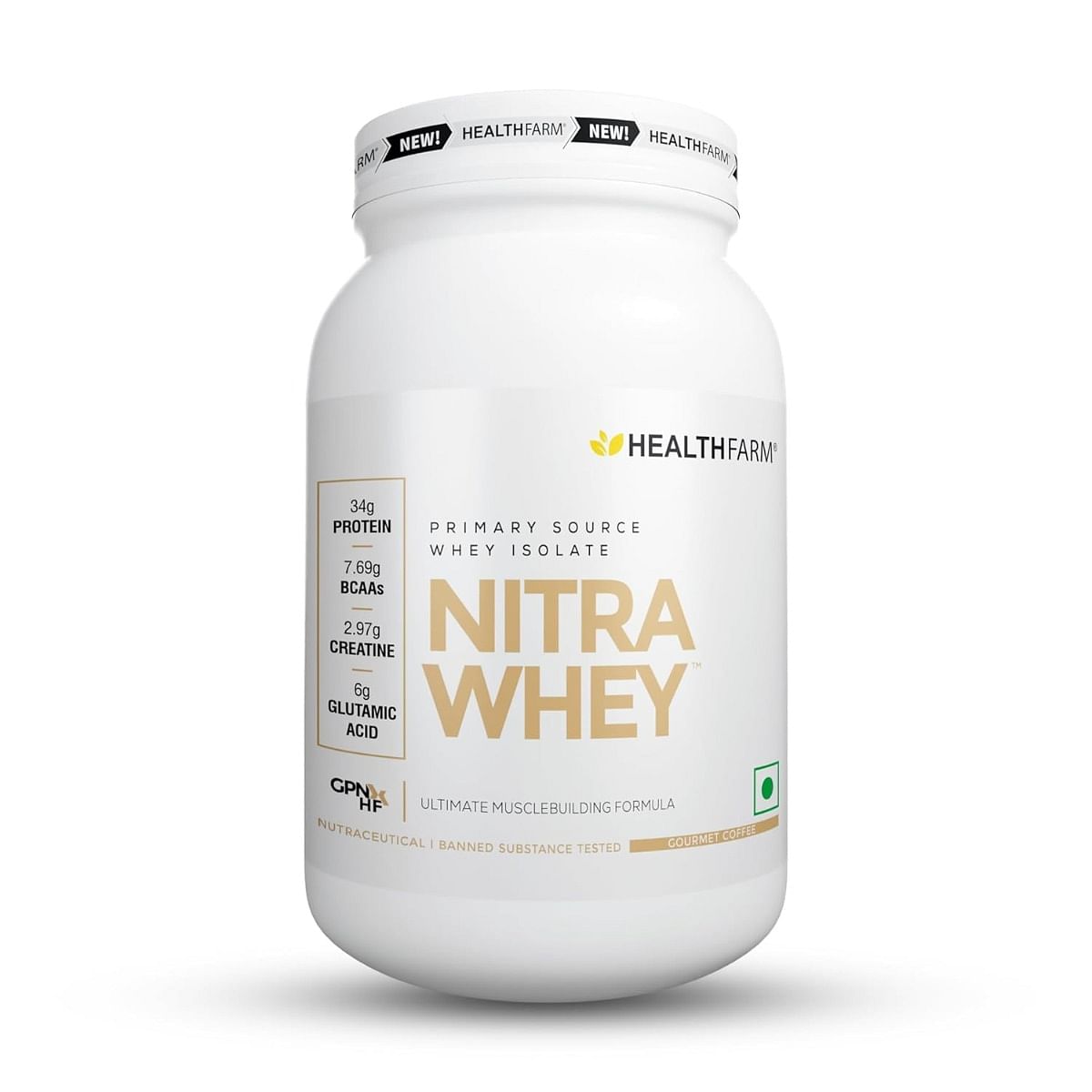 

Healthfarm Nitra Whey Protein | 34g Protein Per Serving & 3g Added Creatine | Blend of Isolate & Concentrate Protein (Gourmet Coffee, 1kg)