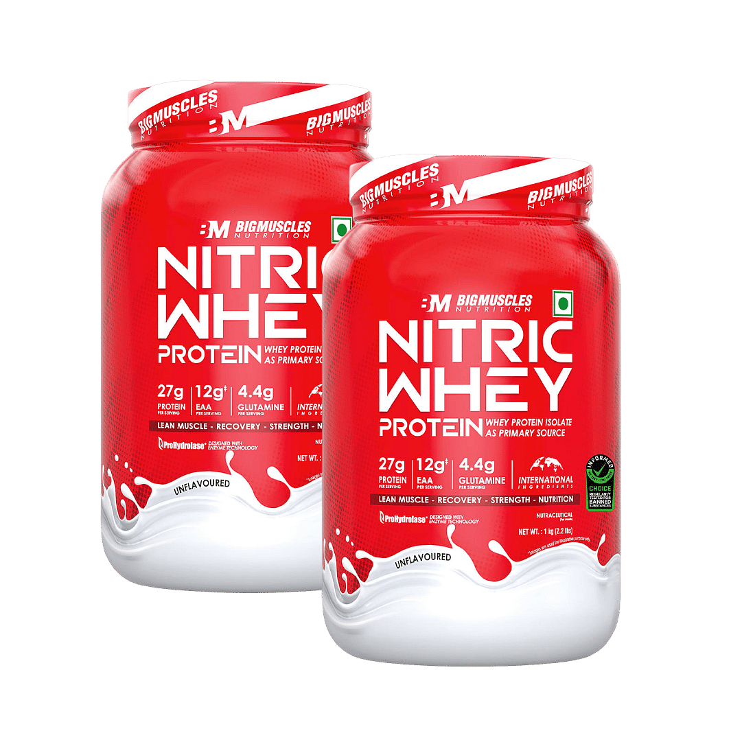 

Bigmuscles Nutrition Nitric Whey Protein Isolate | 27G Whey Protein | Prohydrolase Enzyme Tech - (1Kg, Unflavoured) Pack Of 2