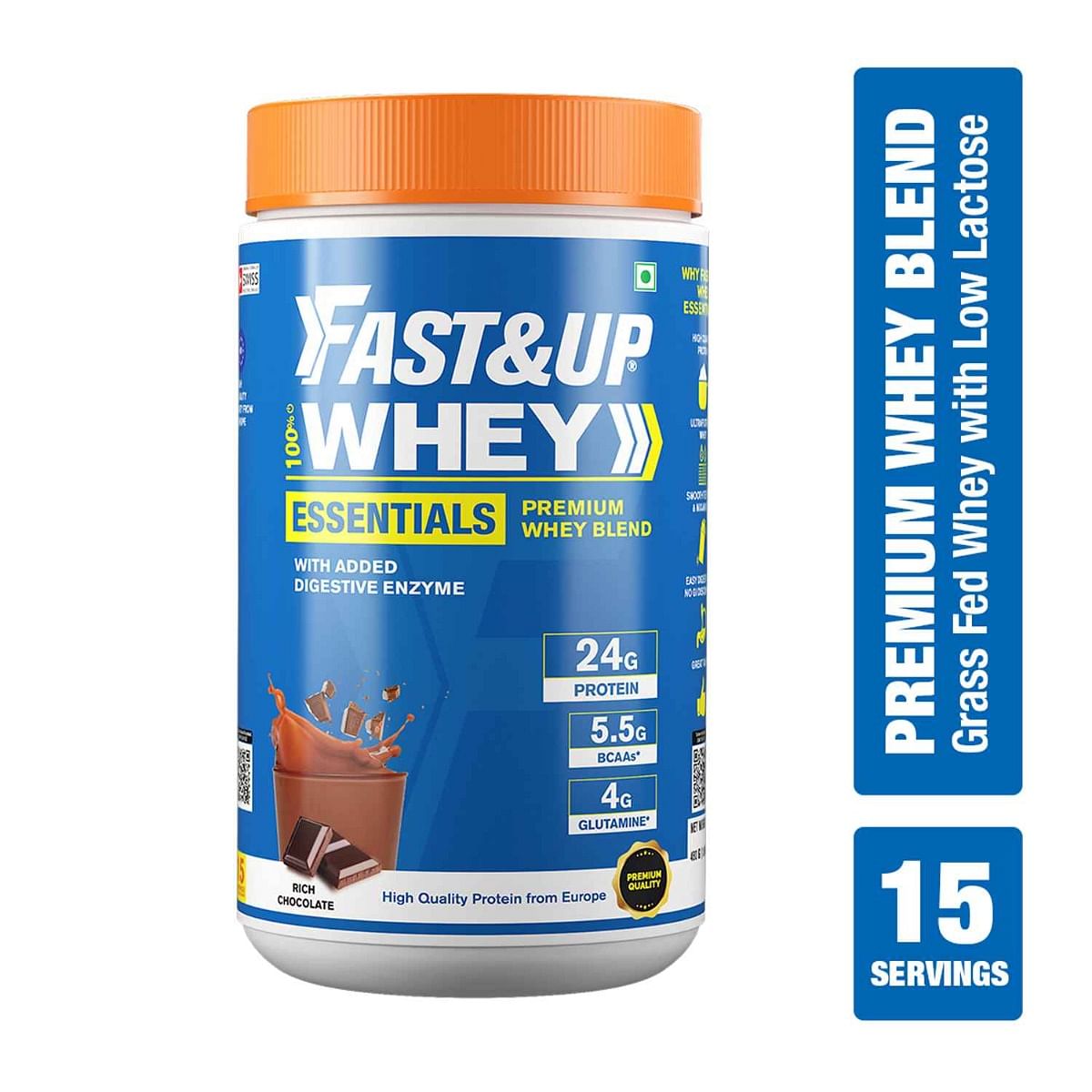 

Fast & Up Whey Essentials 24g Protein with Isolate + Concentrate Whey, Banned Substance Free Whey Protein (480 g, Rich Chocolate)